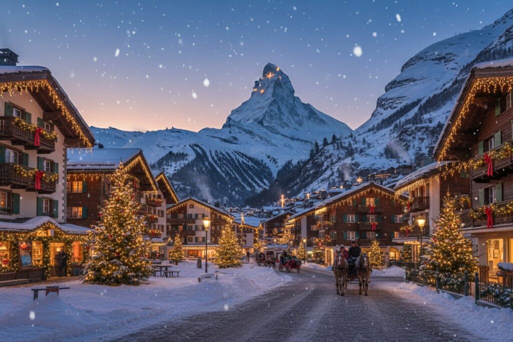 A snow-covered alpine village features decorated chalets, illuminated Christmas trees, and a horse-drawn carriage on a snowy street with the Matterhorn rising in the background.